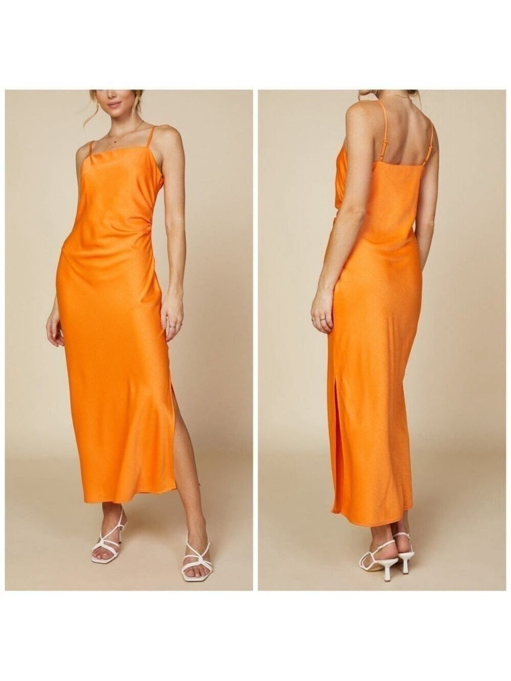 Skies Are Blue Curved Cami Satin Slit Maxi Slip Dress in Sunkissed Orange